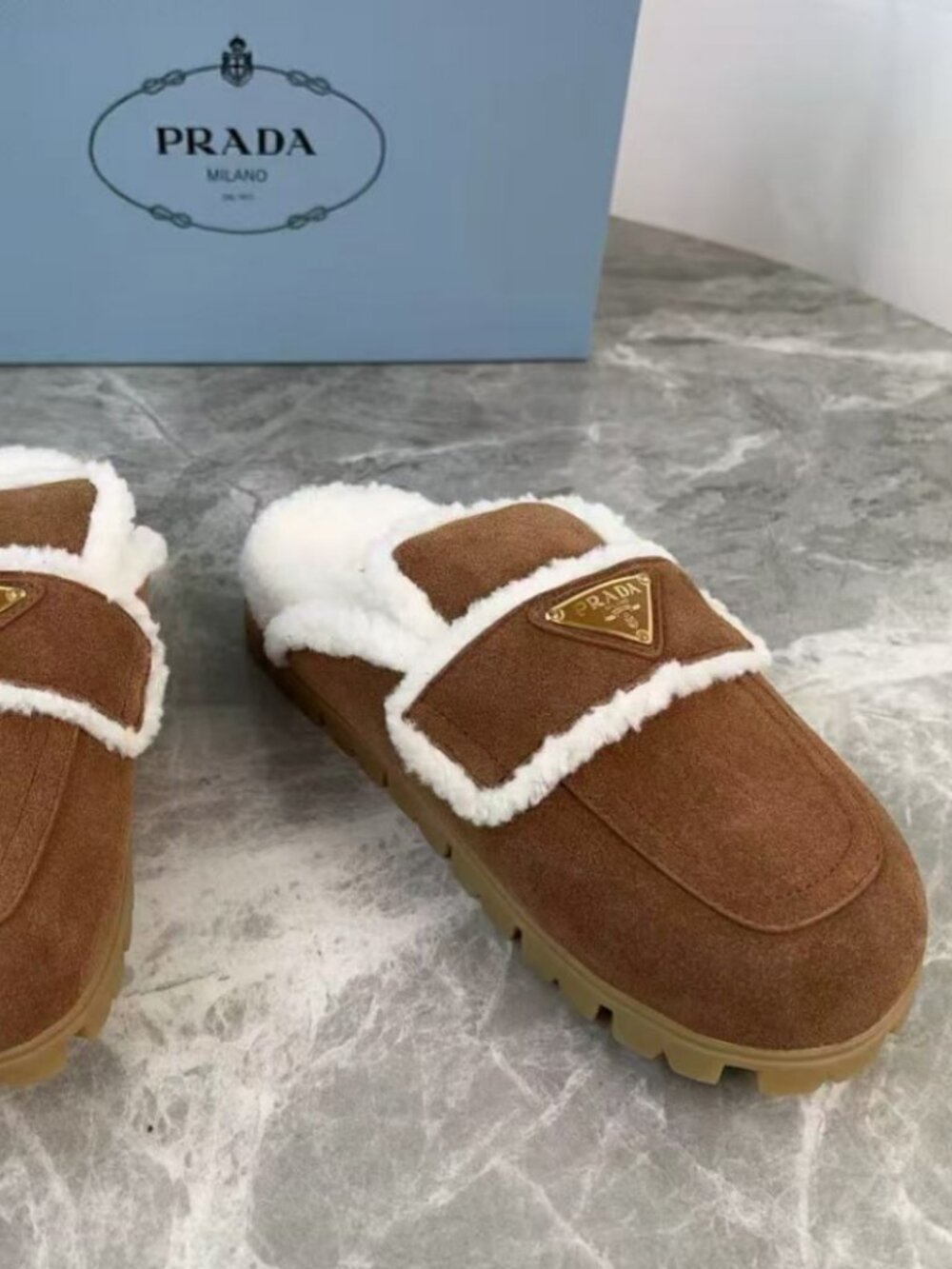 Fashion Prada Triangle Plate Warm Winter Mule Slides - Picture 3 of 8